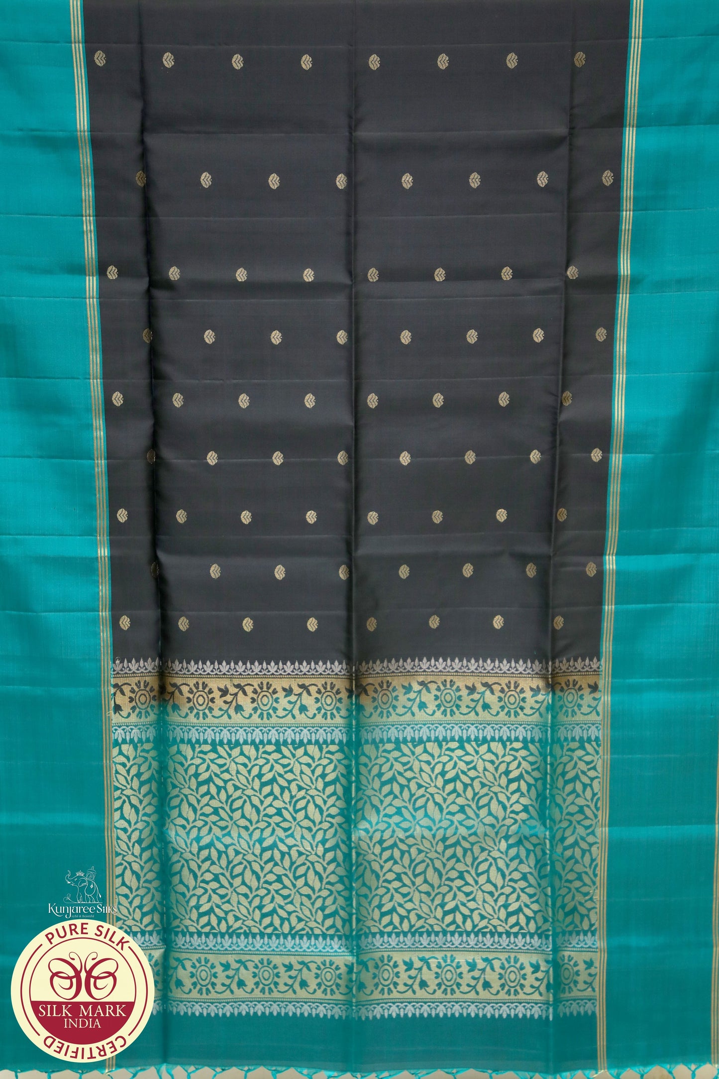 Black with Sea Blue Contest Boarder Pure Silk Saree