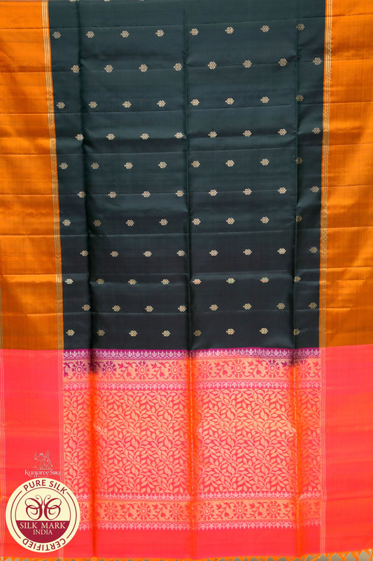 Orange with Black contrast boarder pure silk saree