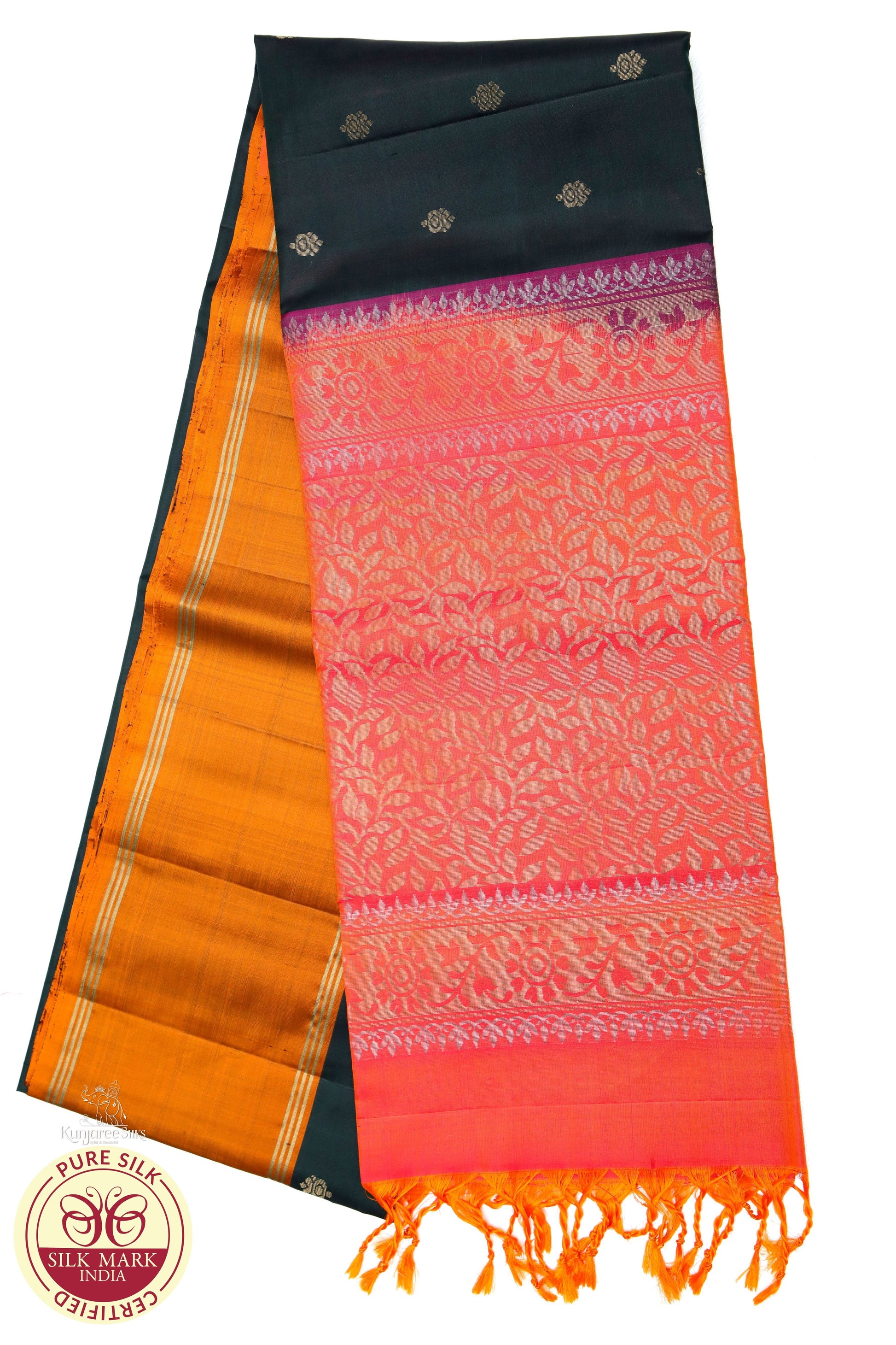 Orange with Black contrast boarder pure silk saree