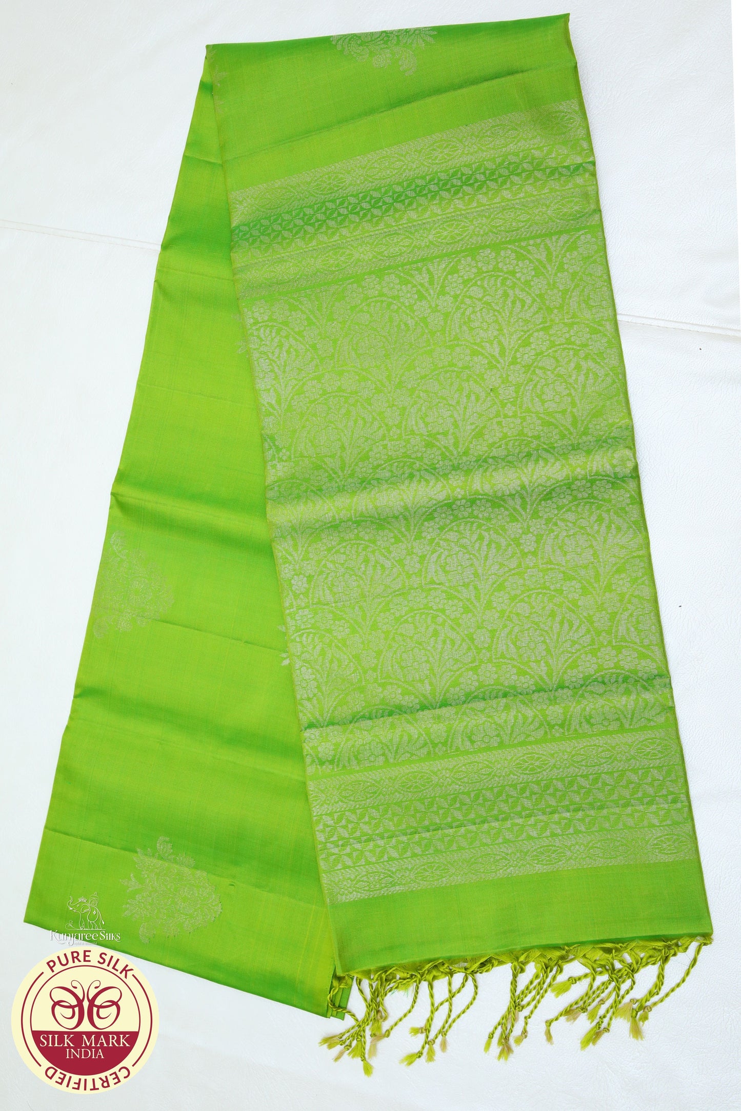 Green with silver self boarder pure silk Saree