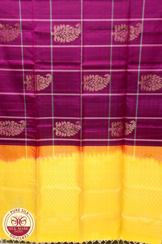 Lemon Yellow with Purple 240 Checks Pure silk Saree