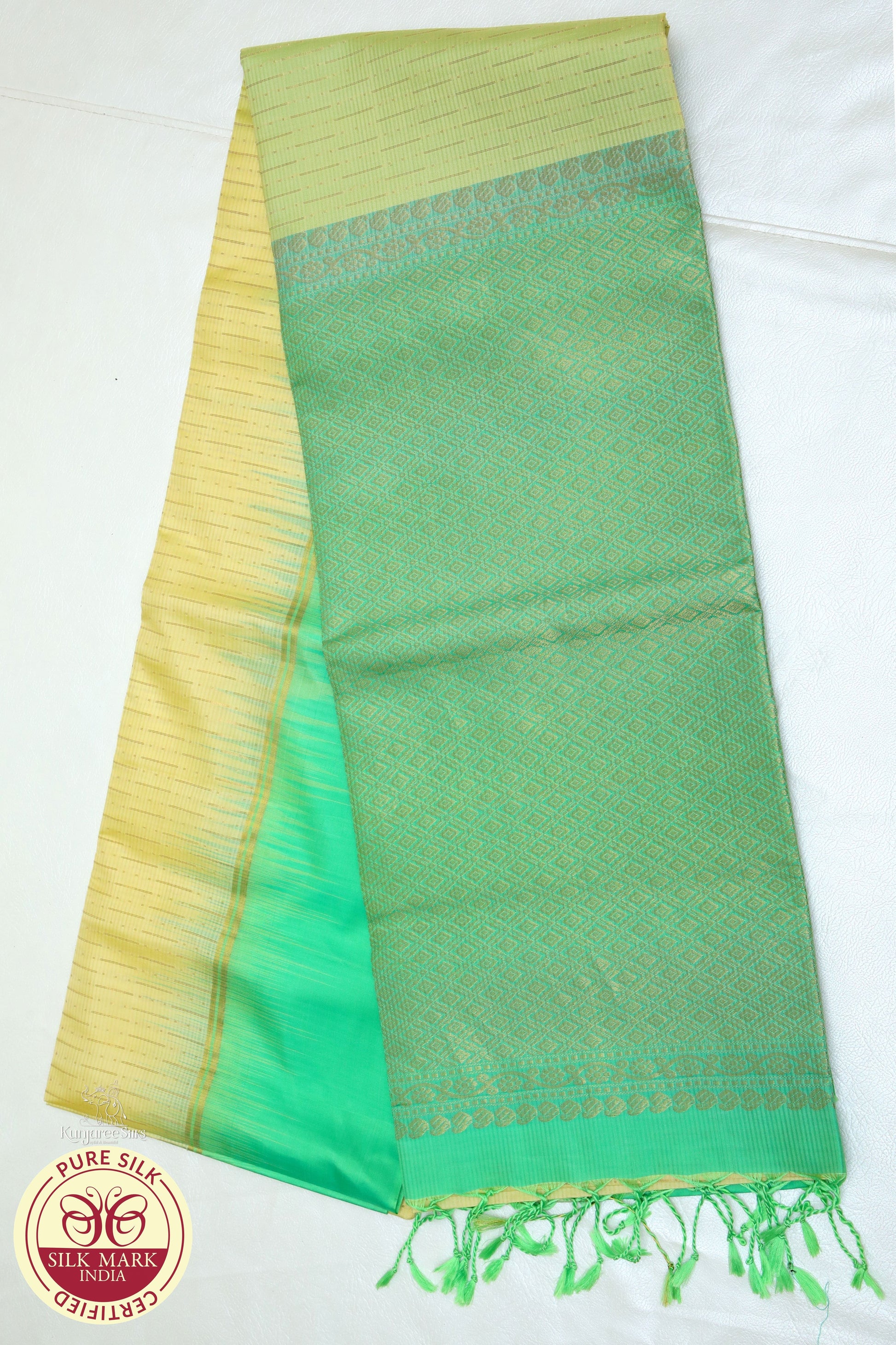 Cream Gold with Green Pure Silk Saree