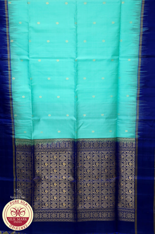 Blue with Peach Green Pure Silk Saree