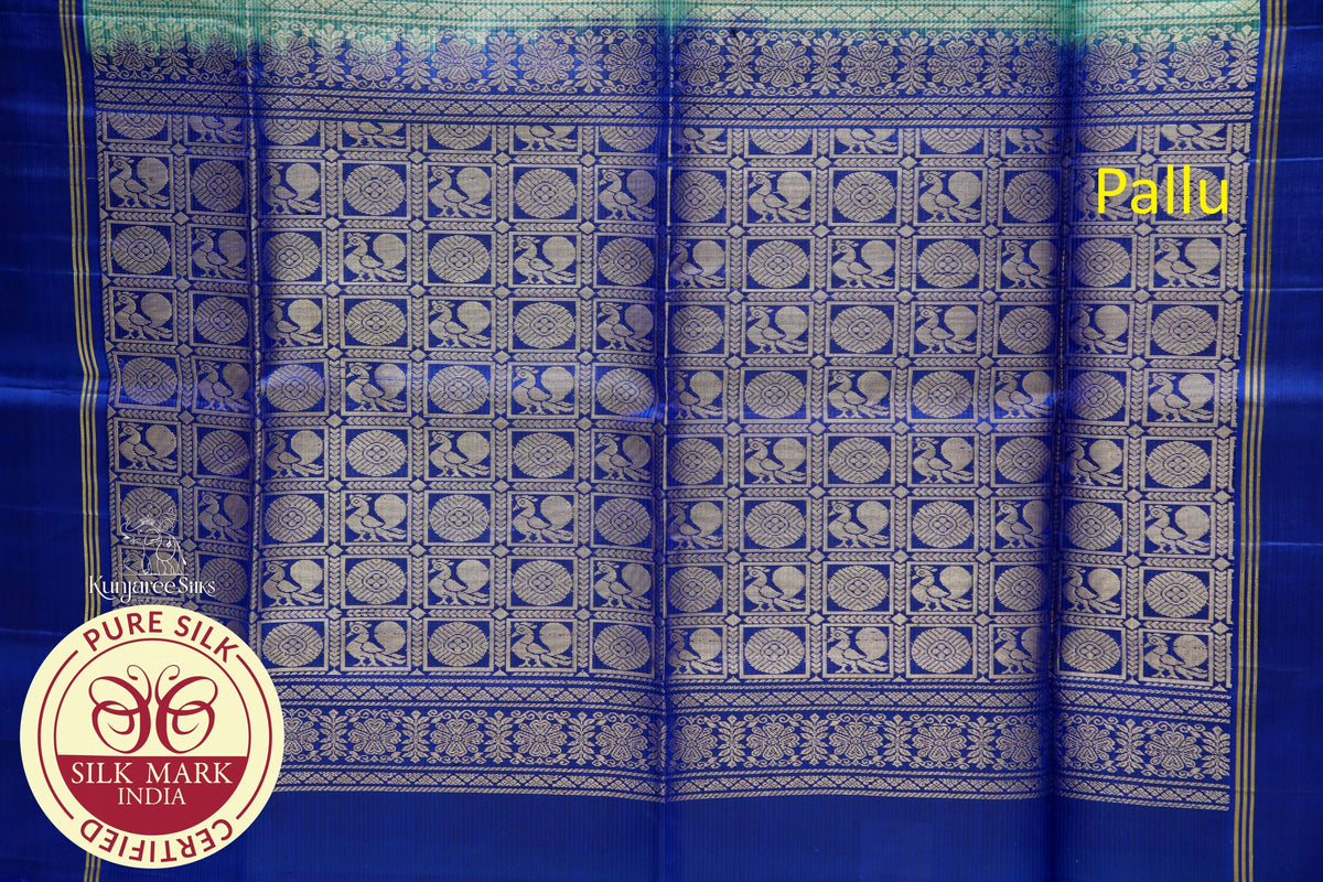 Blue with Peach Green Color Pure Silk Saree