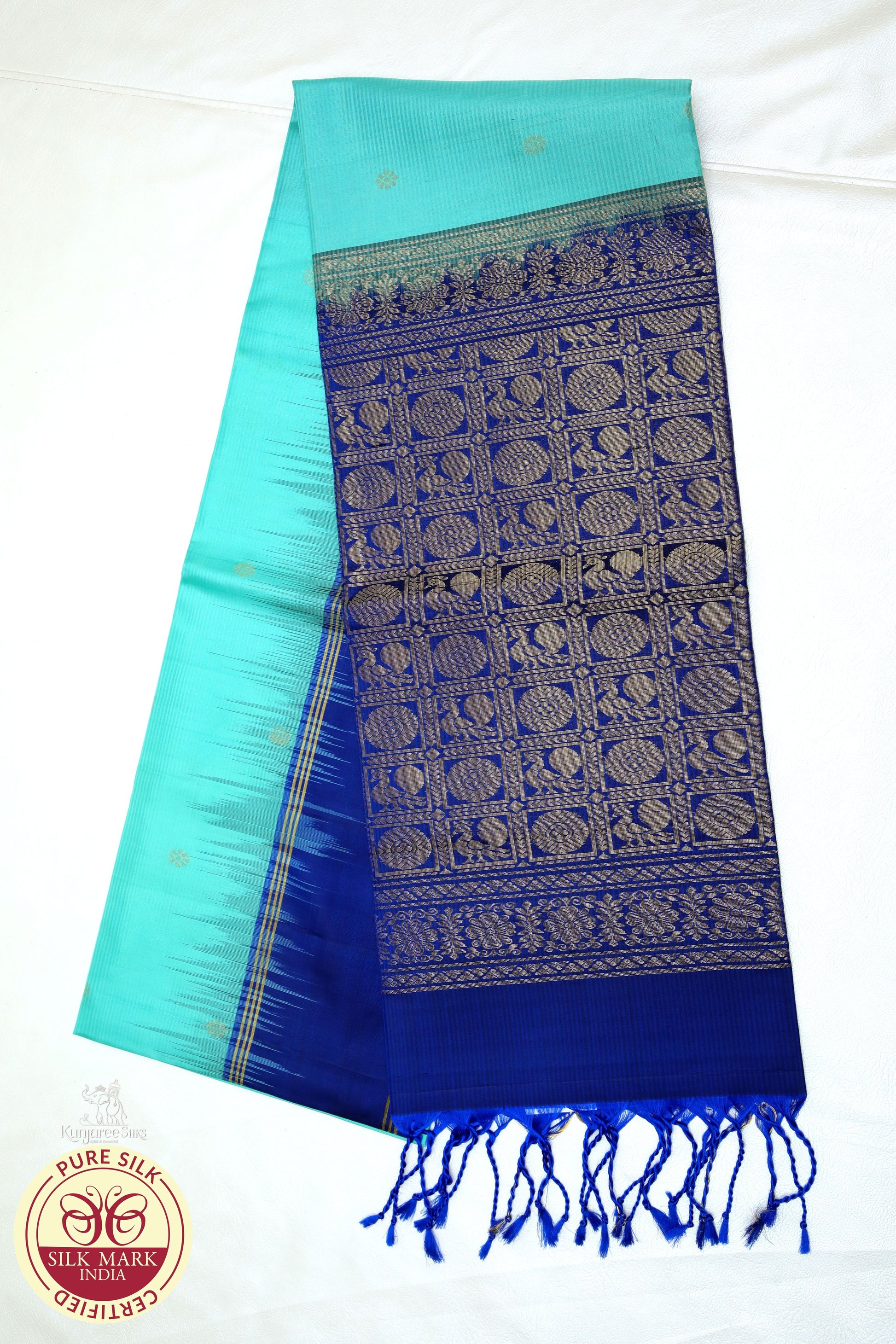 Blue with Peach Green Pure Silk Saree