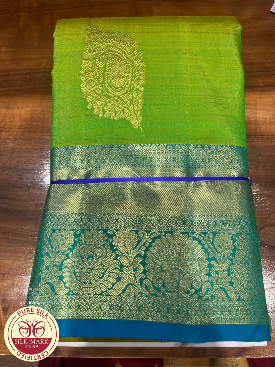 Dual- Tone Lime Green & Teal Blue Kanjivaram Pure Silk Saree