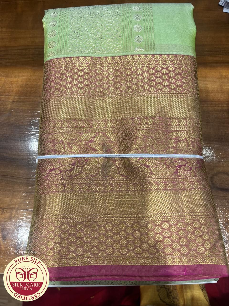 Kanjivaram Saree – Mint Green with Magenta Pink Rich Zari Pallu