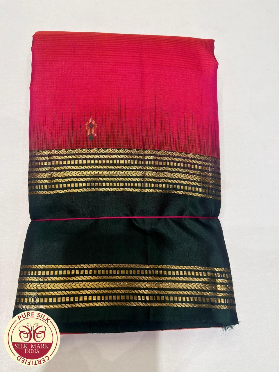 Pure Handloom Soft Silk Dual Shade Silk Saree – Rani Pink & Bottle Green with Antique Gold Zari
