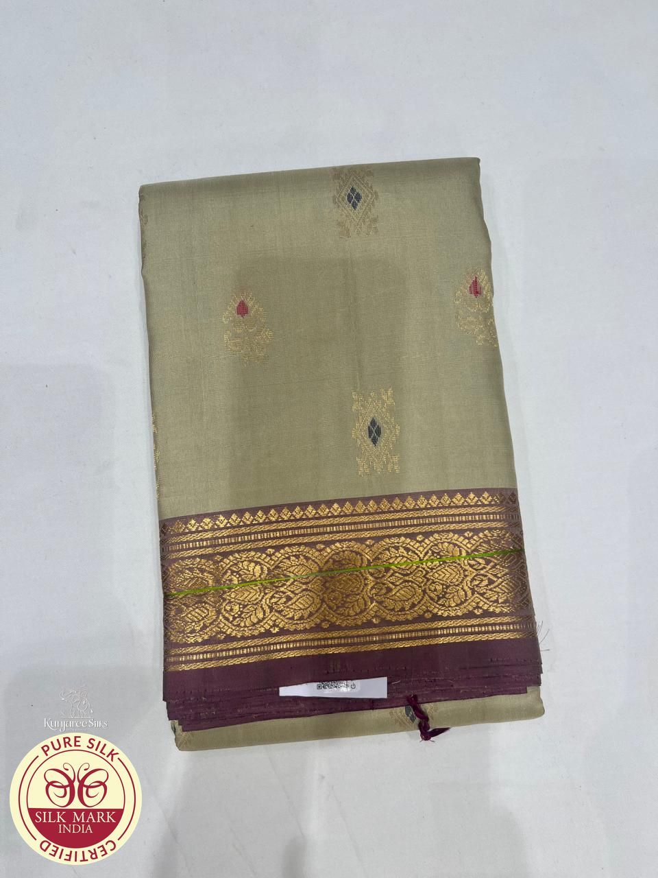 Pure Handloom Kanjivaram Silk Saree in Muted Sage Green with Onion Plum Zari Border