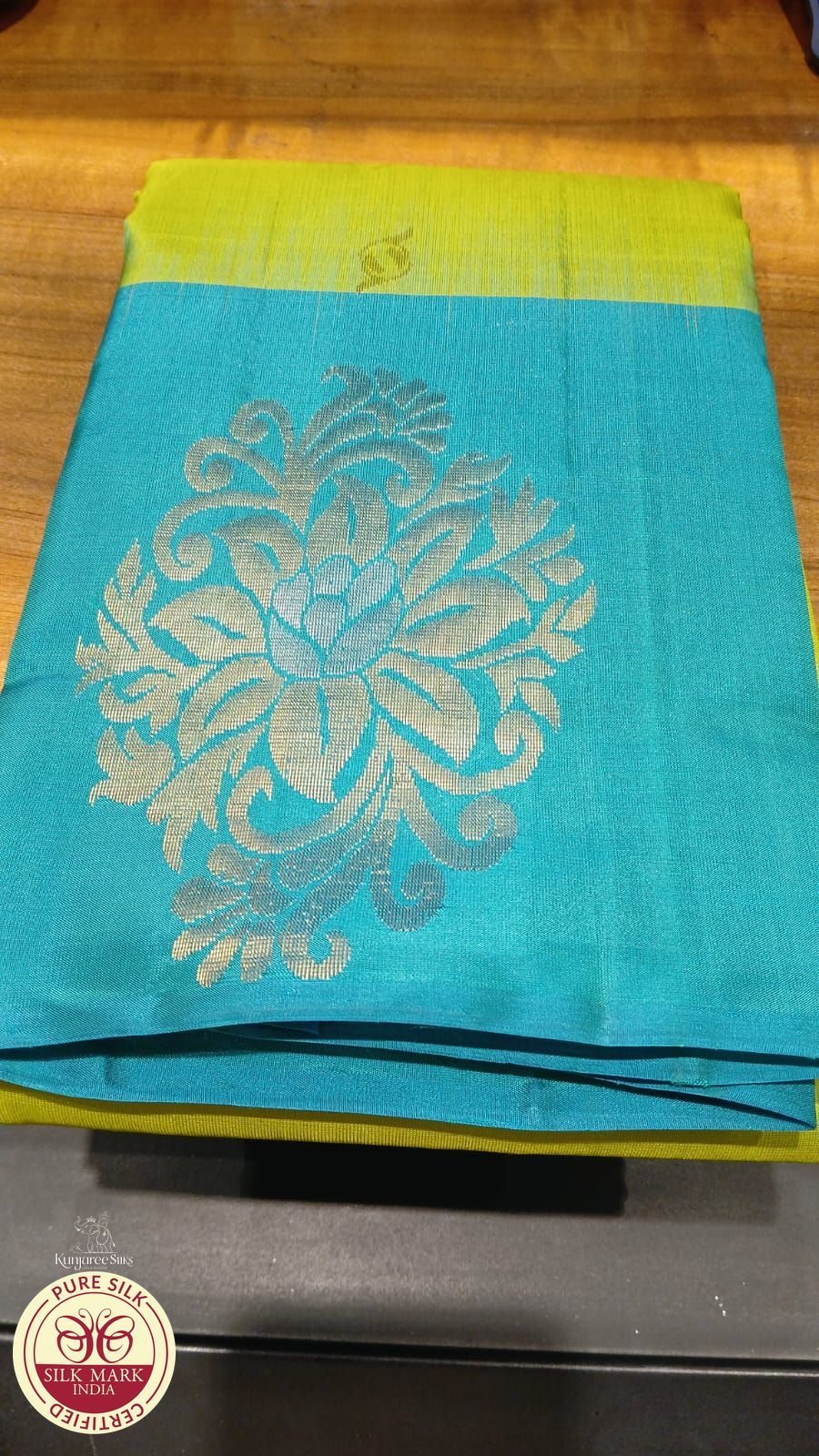 Pure Handloom Soft Silk Saree in Lime Green with Bright Teal Blue Zari Pallu