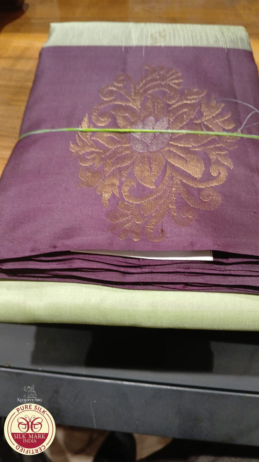 Pure Handloom Soft Silk Saree in Pistachio Green with Deep Wine Purple Floral Pallu
