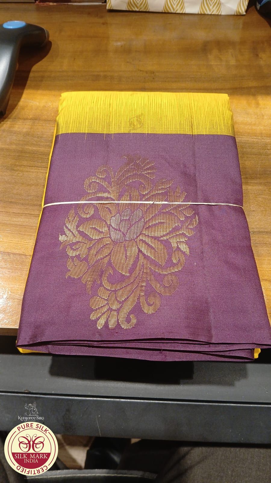Pure Handloom Soft Silk Saree in Rich Golden Yellow with Deep Plum Purple