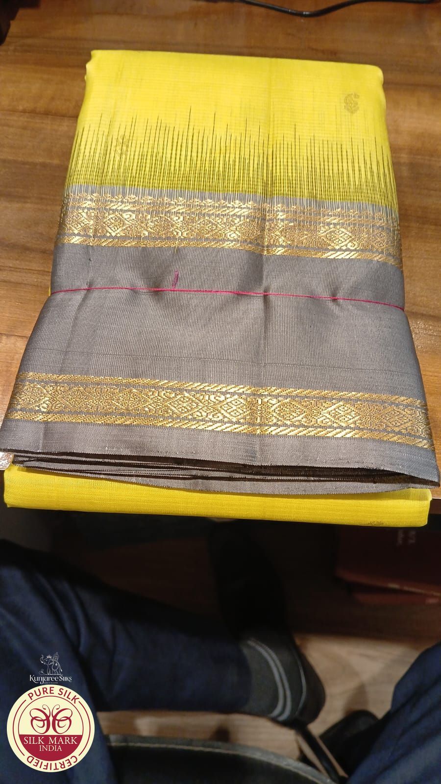 Pure Handloom Soft Silk Saree – Lime Yellow & Slate Grey with Antique Gold Zari