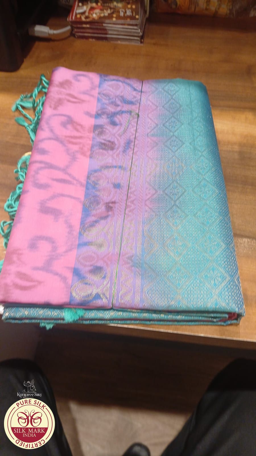 Pure Silk Handloom Pochampalli Ikkat Border Saree – Turquoise Blue & Pink