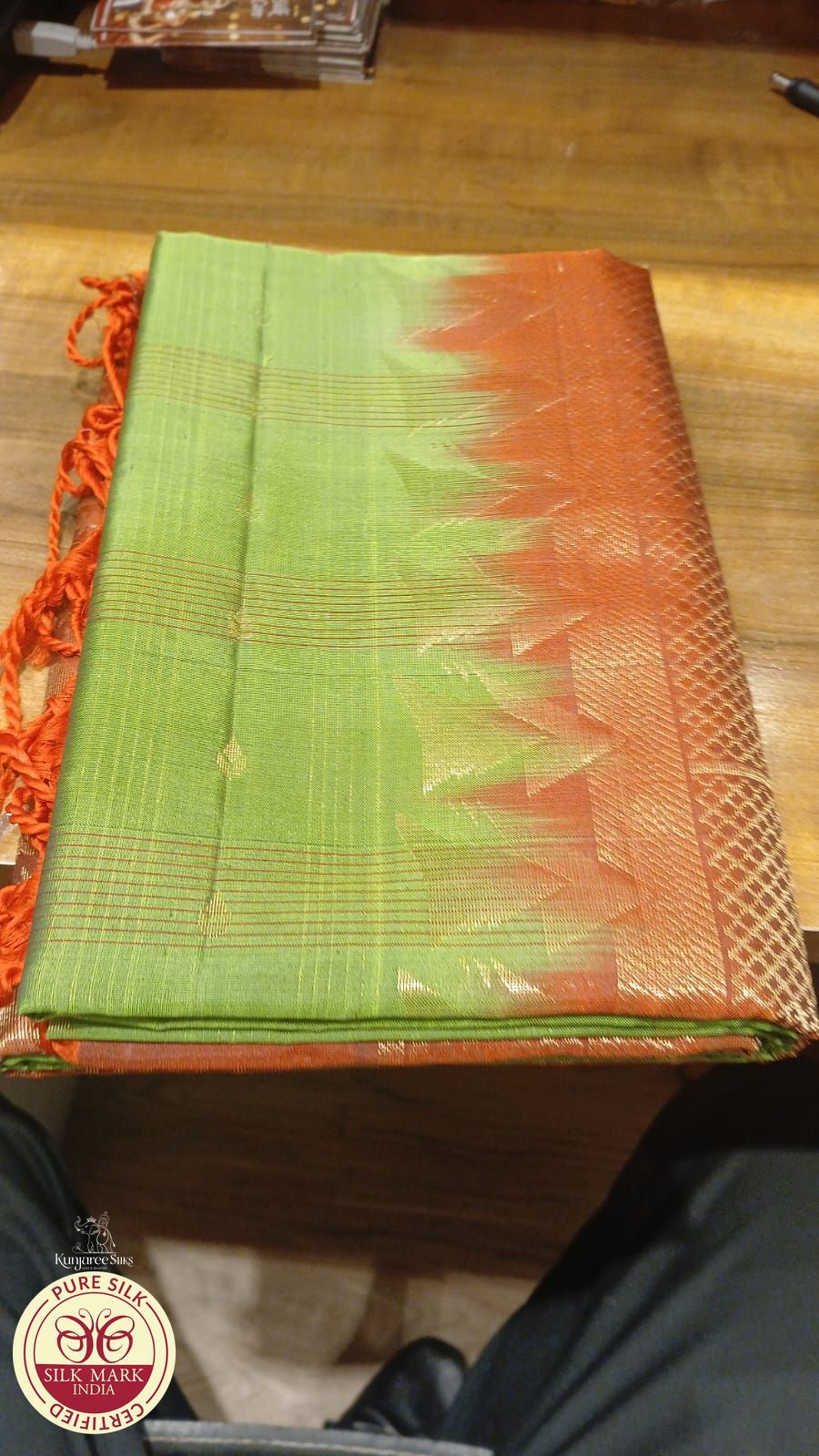 Merun with Green line checks Pure Soft Silk Saree
