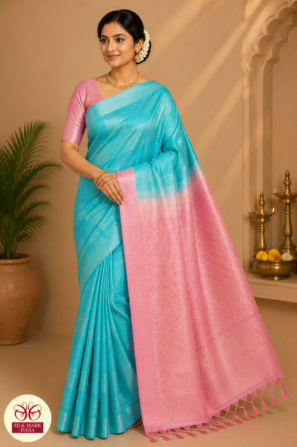 Pure Handloom Soft Silk Saree – Aqua Blue & Baby Pink Elegance