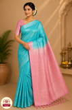 Pure Handloom Soft Silk Saree – Aqua Blue & Baby Pink Elegance