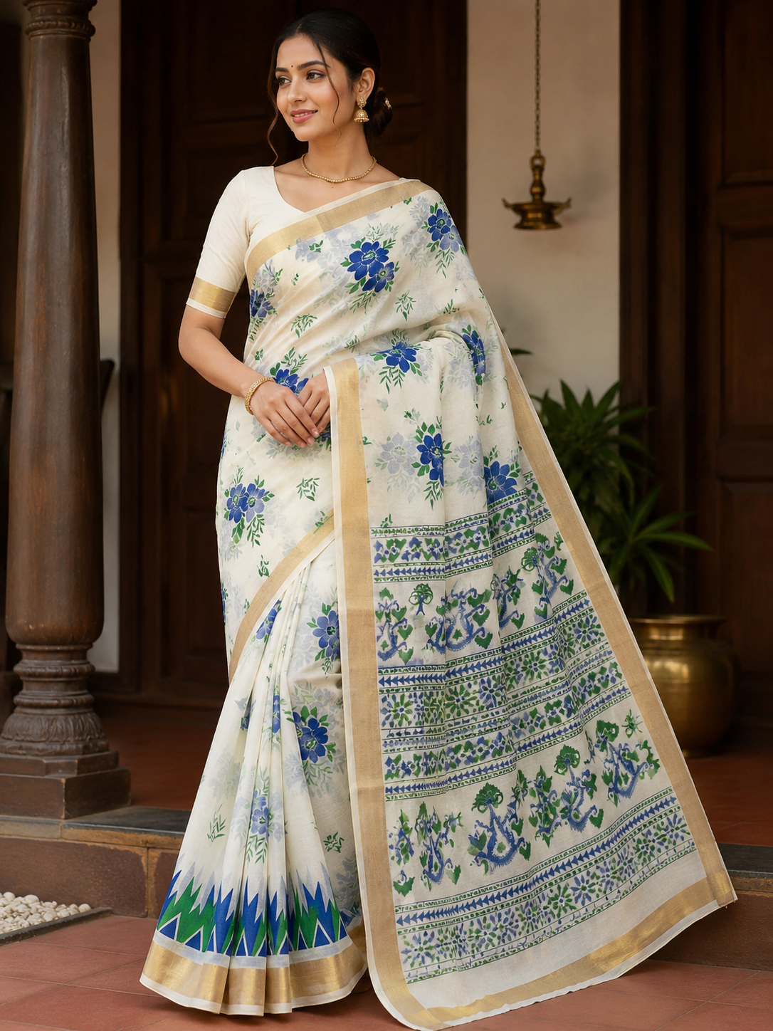 Elegant Kerala Cotton Saree with Blue Floral Print & Traditional Kasavu Border