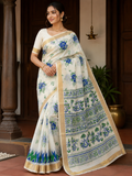 Elegant Kerala Cotton Saree with Blue Floral Print & Traditional Kasavu Border