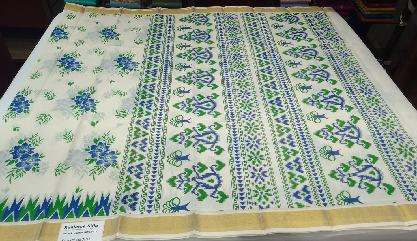 Elegant Kerala Cotton Saree with Blue Floral Print & Traditional Kasavu Border