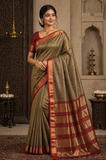 Pure Maheshwari Handloom Silk Saree in Olive Gold with Maroon Border