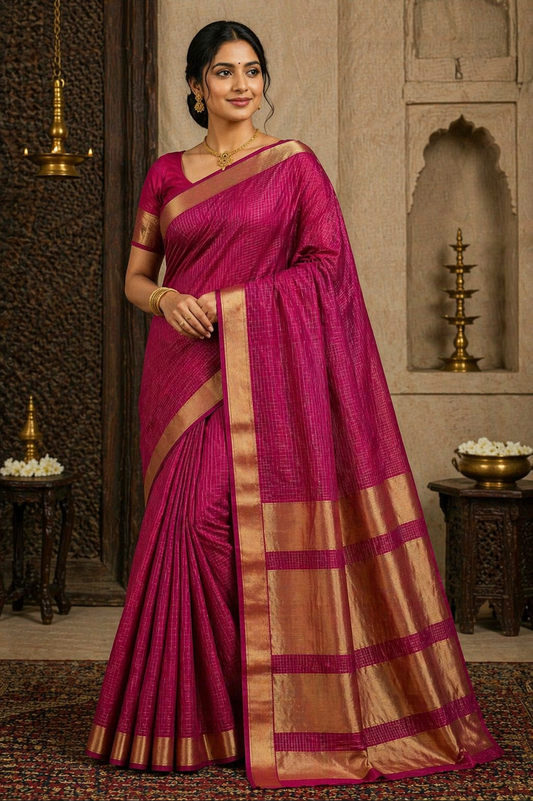 Pure Maheshwari Handloom Silk Saree in Rani Pink with Gold Border