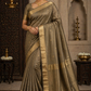 Pure Maheshwari Handloom Silk Saree in Olive Brown with Gold Zari Border