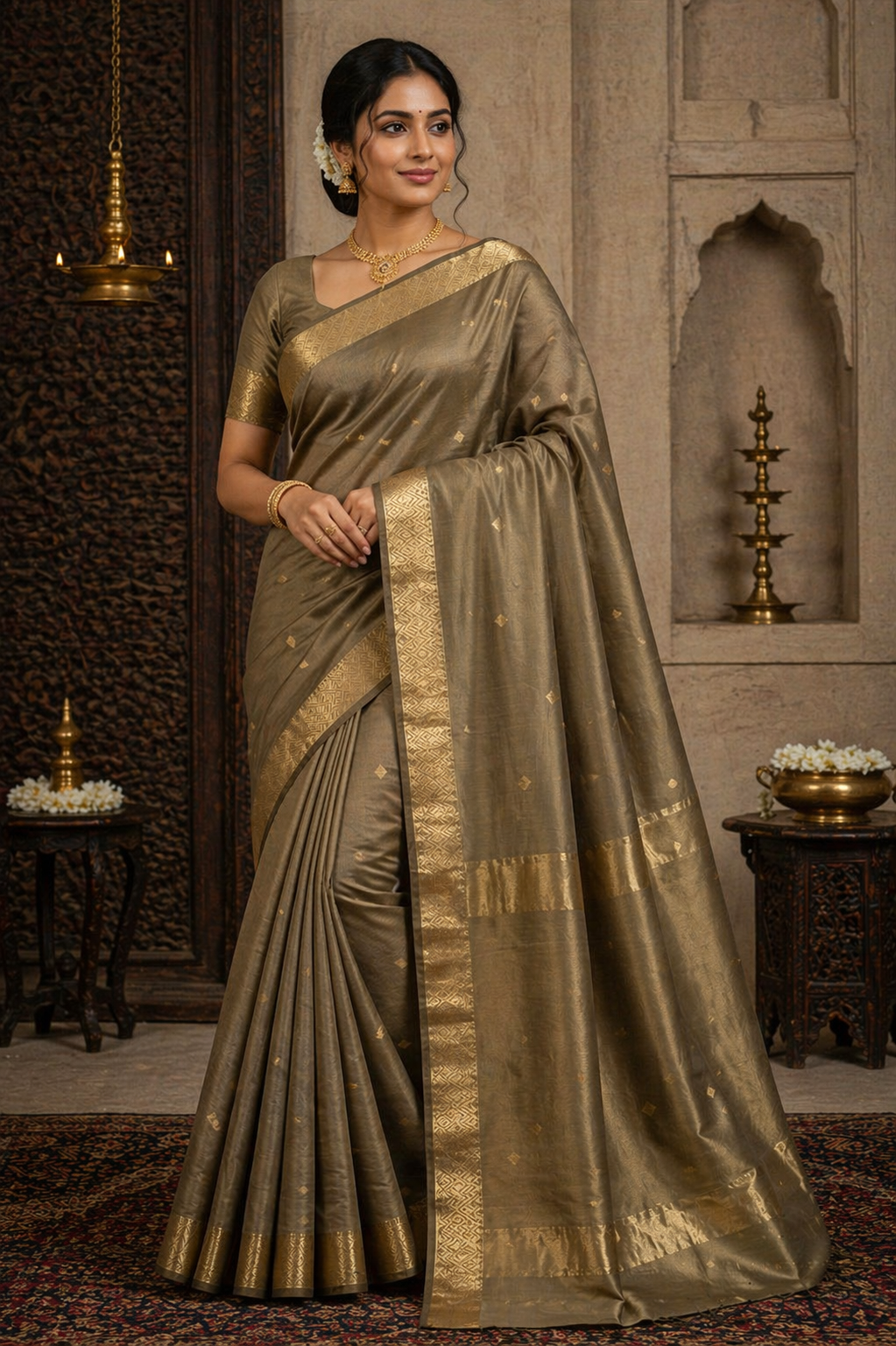 Pure Maheshwari Handloom Silk Saree in Olive Brown with Gold Zari Border