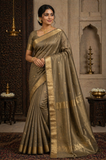 Pure Maheshwari Handloom Silk Saree in Olive Brown with Gold Zari Border
