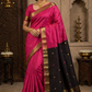 Pure Maheshwari Handloom Silk Saree in Rani Pink with Black Pallu & Gold Border