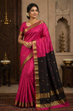 Pure Maheshwari Handloom Silk Saree in Rani Pink with Black Pallu & Gold Border