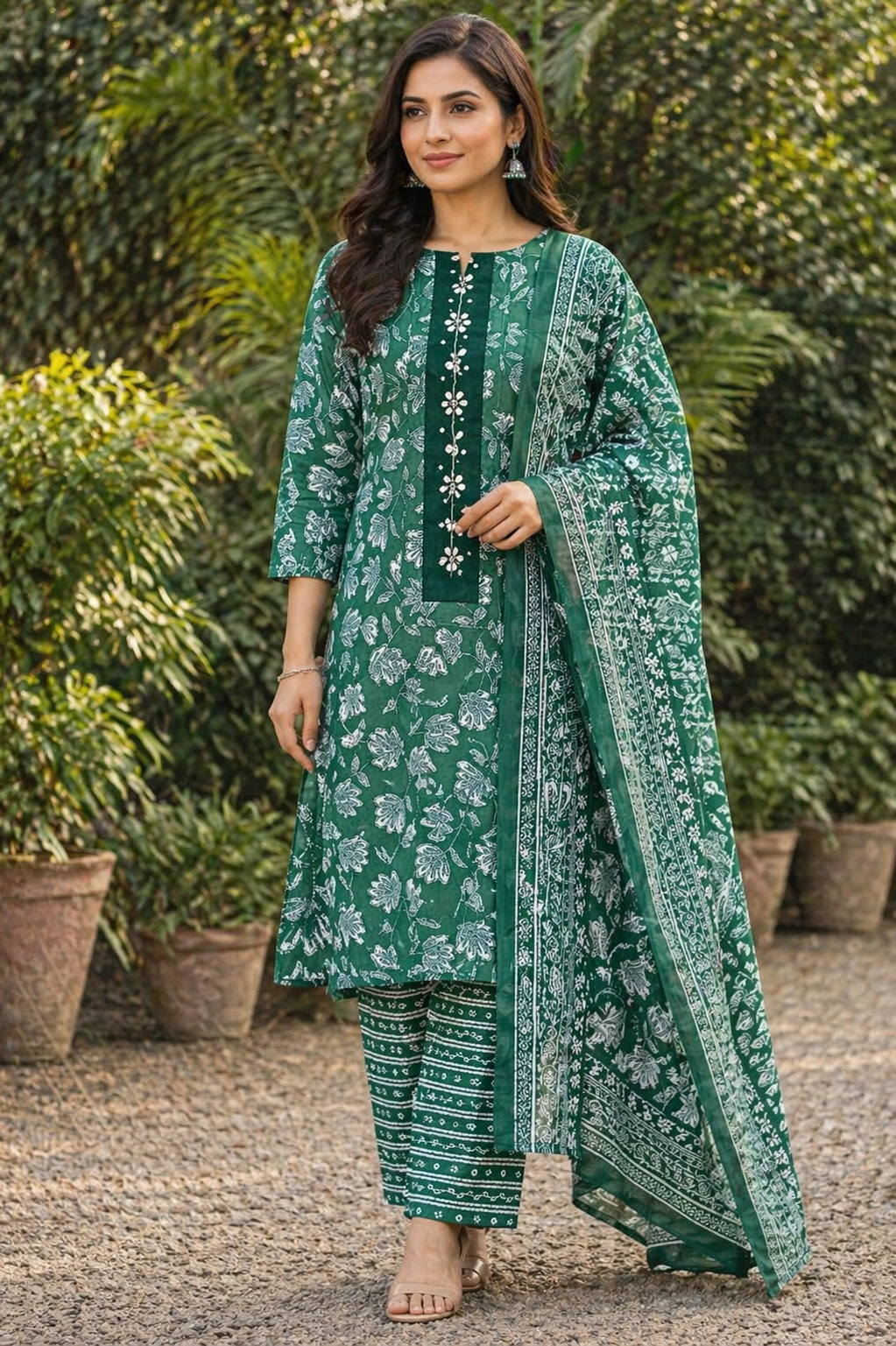 Elegant Leaf Green Floral Printed Unstitched Salwar Suit with Dupatta
