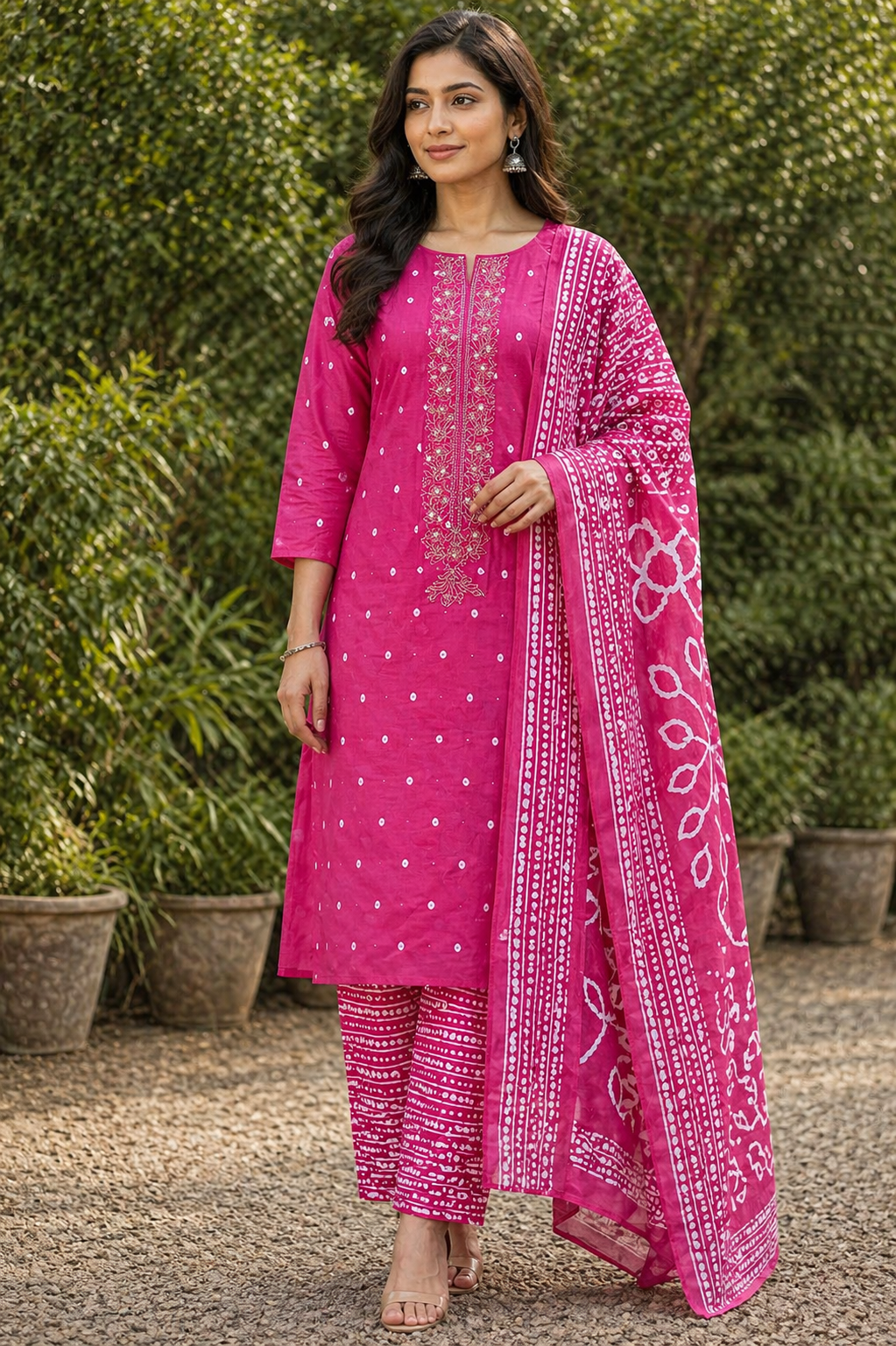 Elegant Rani Pink Embroidered Unstitched Salwar Suit with Printed Dupatta