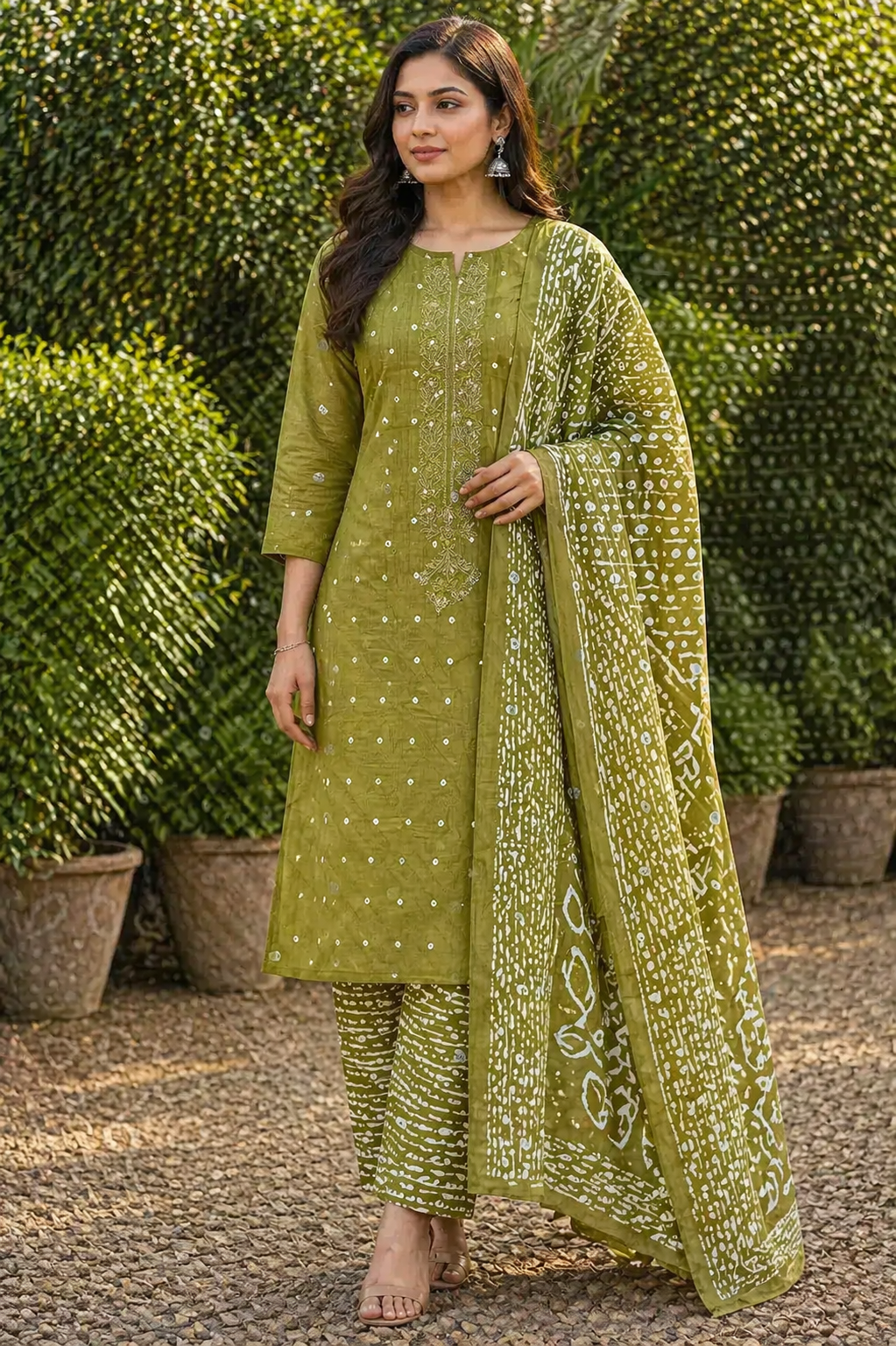 Elegant Olive Green Embroidered Unstitched Salwar Suit with Printed Dupatta