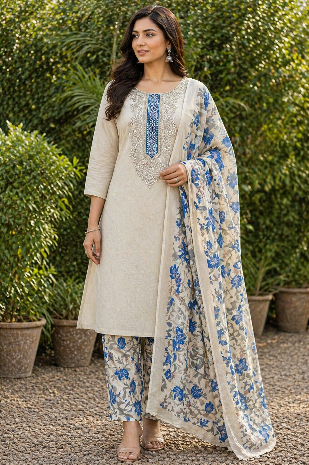 Elegant Cream & Blue Embroidered Unstitched Salwar Suit with Floral Dupatta