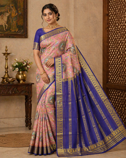 Mysore Silk Kalamkari Saree in Pastel Pink with Royal Blue Pallu
