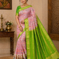 Mysore Silk Kalamkari Saree in Baby Pink with Parrot Green Pallu & Gold Border