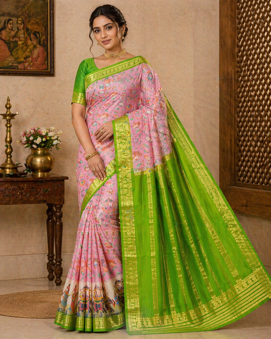 Mysore Silk Kalamkari Saree in Baby Pink with Parrot Green Pallu & Gold Border