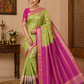 Mysore Silk Kalamkari Saree in Lime Green with Magenta Pallu & Gold Border