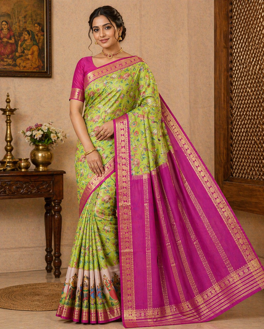 Mysore Silk Kalamkari Saree in Lime Green with Magenta Pallu & Gold Border