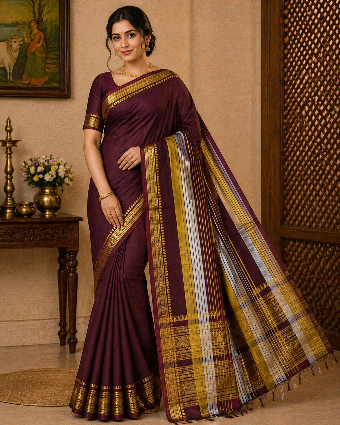 Elegant Wine Maroon Pure Cotton Handloom Saree with Traditional Zari Border