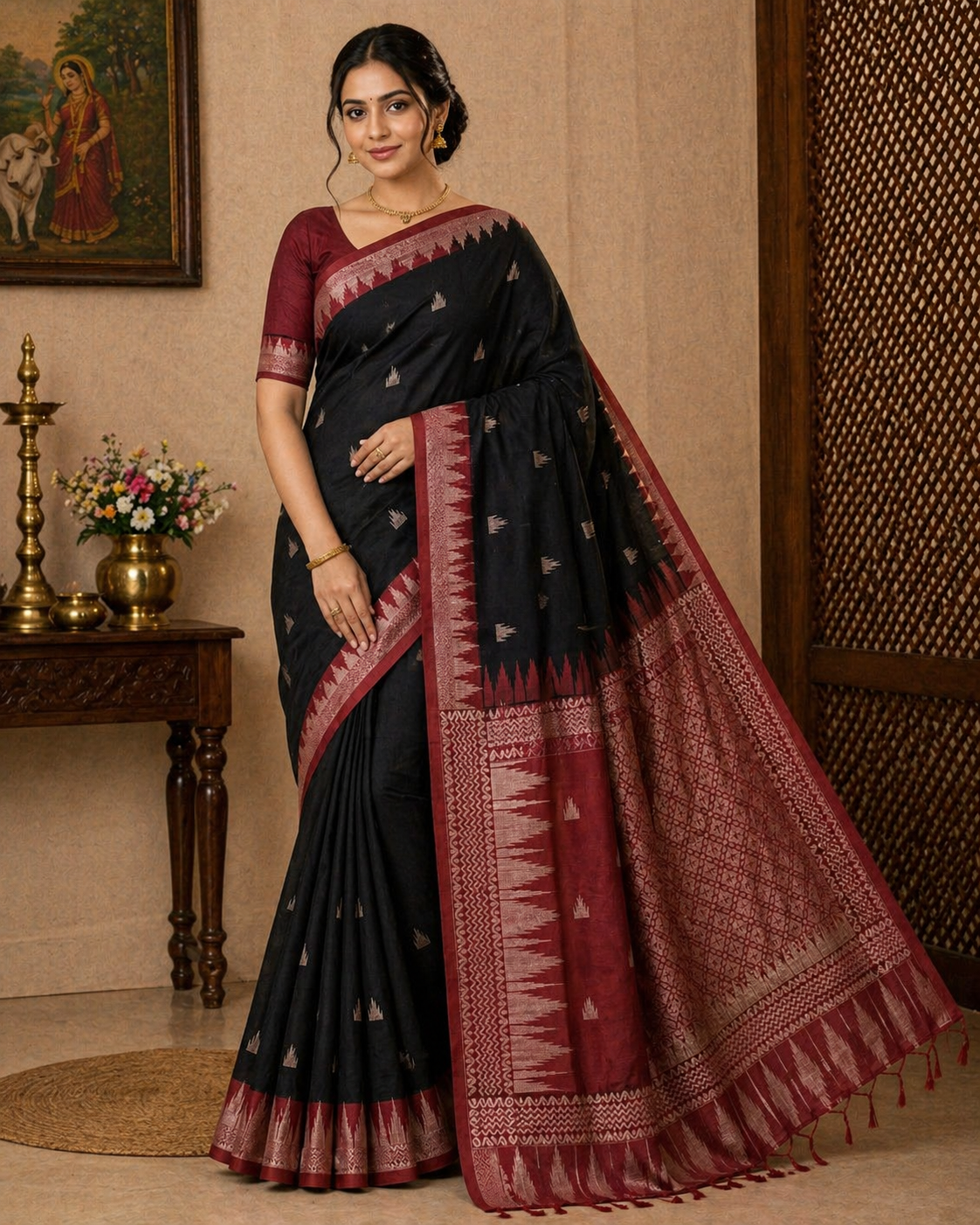 Classic Black & Maroon Pure Cotton Handloom Saree with Traditional Woven Border