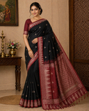 Classic Black & Maroon Pure Cotton Handloom Saree with Traditional Woven Border