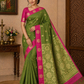 Leaf Green & Rani Pink Pure Cotton Handloom Saree with Gold Zari Floral Border