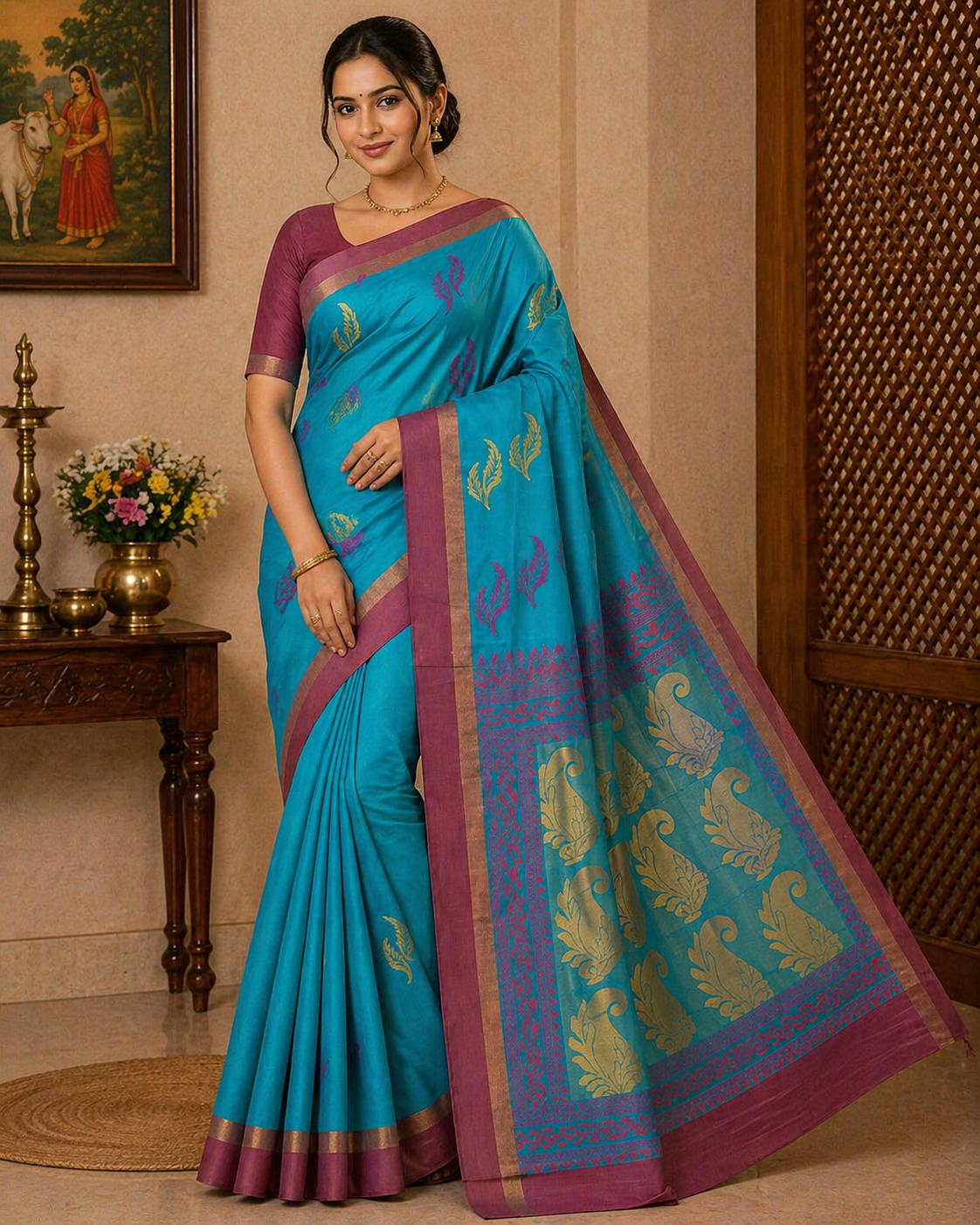 Turquoise Blue & Wine Pink Pure Cotton Handloom Saree with Dual-Tone Leaf Motifs