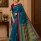 Elegant Teal Blue & Maroon Pure Cotton Handloom Saree with Gold Butta