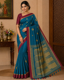 Elegant Teal Blue & Maroon Pure Cotton Handloom Saree with Gold Butta