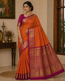 Rust Orange Chettinad Cotton Saree with Magenta Zari Border