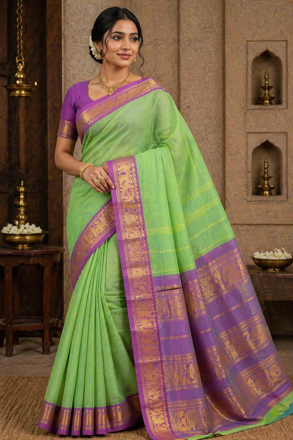 Chettinad Cotton Handloom Saree in Pastel Green with Purple Zari Border