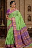 Chettinad Cotton Handloom Saree in Pastel Green with Purple Zari Border